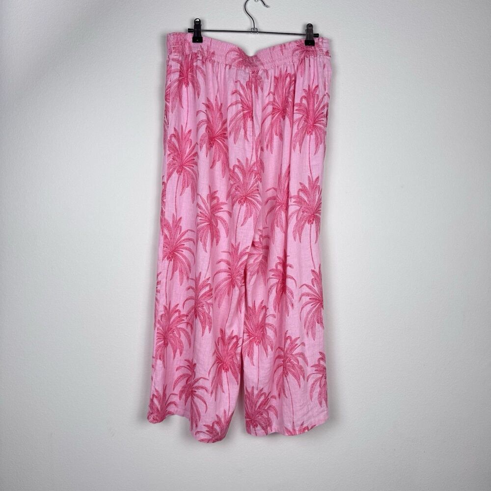 Tahari Wide Leg Linen Pants Large Tropical Crop Pink Palm Tree Lagenlook 32X23 - Picture 2 of 7